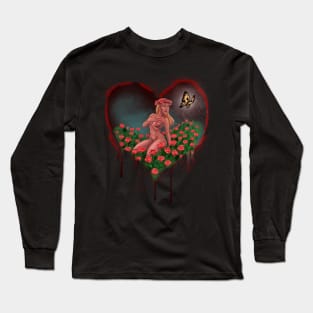 LOVE HEART with BUTTERFLY and ROSES - Graffiti Style (Black) Long Sleeve T-Shirt